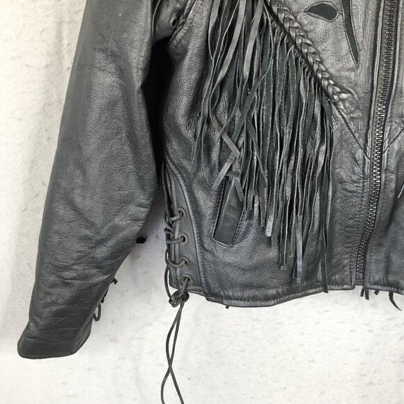 Black Leather Jacket Womens M Moto Fringe Scrolls Braids Biker Whimsigoth Rock - Picture 16 of 16
